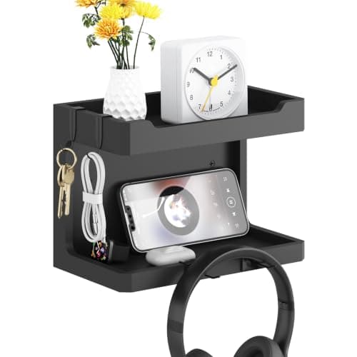 NiHome Large Wall Mounted Wooden Bedside Organizer, Double Storage Shelves & Magnetic Hooks, Solid Wood Bedside Shelf for Phone Glasses Remote Keys, Space-Saving Wall Rack for Bedroom RV Dorm (Black)