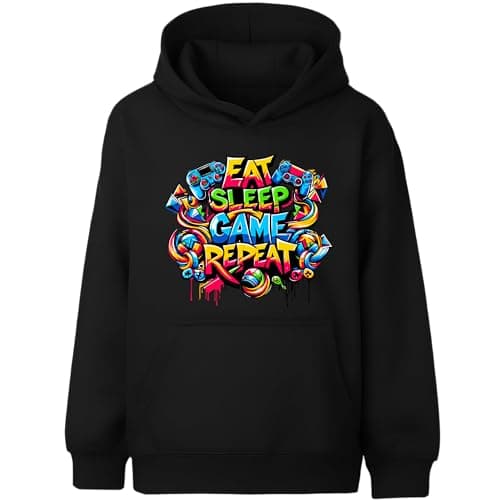 Fringoo Gamer Hoodie Grey for Boys Cotton Rich Soft Hooded Sweatshirt for Boys Gaming Pullover Jumper with Kangaroo Pocket Age 5-13 (UK, Age, 12 Years, 13 Years, Regular, Black - EAT Game)
