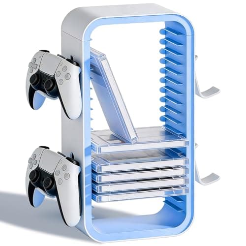CHUNGG Universal Video Games Storage Tower DVD and Blu-Ray Disks, Controller Holders for 4, Intended for PS5/PS4/Switch and Xbox One/360/Series X/S/Game Cases, 19 Storage Rack (White&Blu)