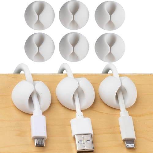 6 Pack Cable Tidy Clips – White Self-Adhesive Wire Organisers for Desk, Wall, Home or Office – Peel & Stick Cord Holders for Charging Cables, USB Leads, Ethernet & Power Wires