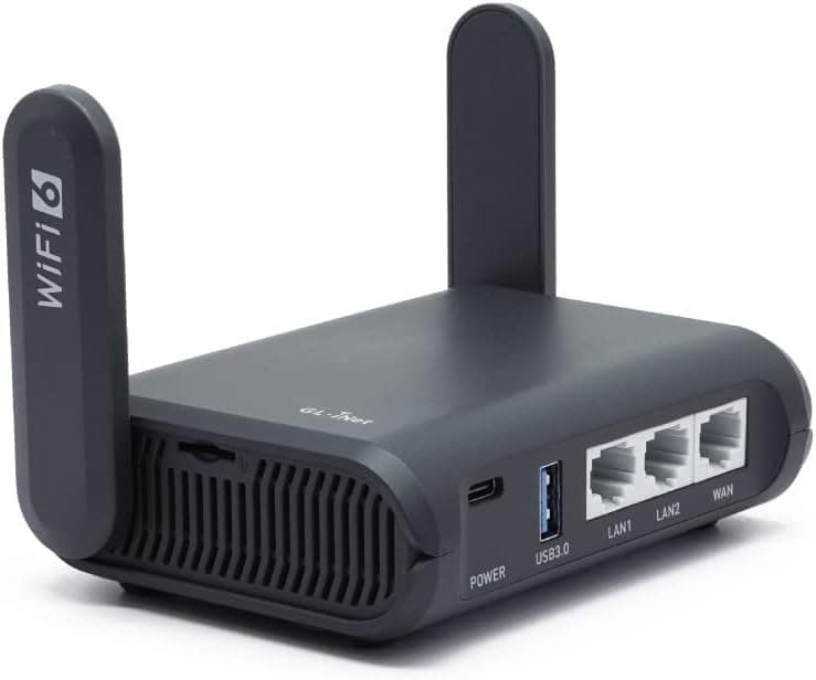 GL.iNet GL-AXT1800 Slate AX Travel Router, Wi-Fi 6, 1800Mbps, OpenWrt | WPA3, IPv6, 3 gigabit LAN, NAS, phone tethering, repeater, OpenVPN & WireGuard, Cloudflare, AdGuard Home, OpenWrt