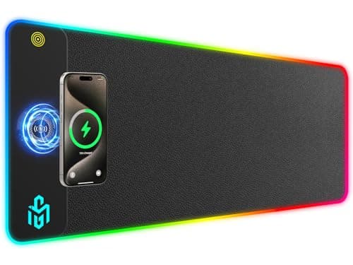 GIM Wireless Charging RGB Gaming Mouse Pad 15W, LED Mouse Mat 800x350x4MM, 10 Light Modes Extra Large Mousepad Non-Slip Rubber Base Computer Keyboard Mat for Gaming (Black-PU)