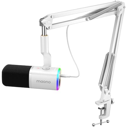 MAONO Gaming Microphone with Boom Arm: XLR/USB Podcast Microphone with Software, Mute Button, Gain Control, RGB PC Mic for Streaming, Recording, PS4/PS5, YouTube Content Creation (PD100XS White)