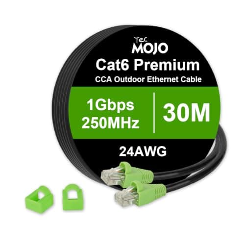 Tecmojo Cat 6 Outdoor Ethernet Cable 30M 24AWG Patch Cord RJ45 Internet Cable with Double Layered Jacket(PVC+PE) for Direct Burial and Conduit Runs,CCA, Black, 30M