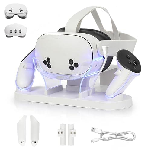 Growalleter for MetaQuest 3S/Quest 3 Charging Dock, VR Charger Station Stand for MetaQuest 3S/3 Storage, w/LED Indicator Light and 2 Touch Controller Grips Rechargeable Batteries (White)
