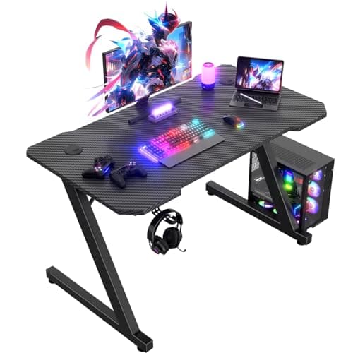JUMMICO 100x50cm Gaming Desk, Carbon Fiber Surface, Headset Holder & 2 Cable Management Holes, Black Metal Frame Computer Table