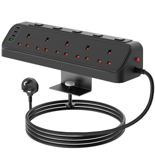 Desk Power Socket USB C, 5 Way Desktop Socket Individually Switchable with 3 USB C and 1 USB A, Desk Extension Lead 1.8M with Removable Clamp, Power Strip Surge Protector for Home Office, Black