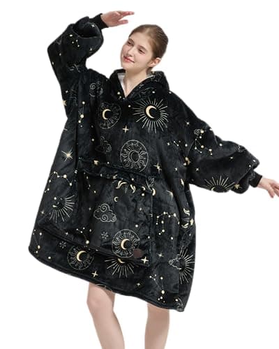 VERTAST Oversized Hoodie Blanket Sweatshirt for Men Women, Sherpa Fleece Wearable Blanket Sweatshirt Warm Home Hoody Gifts for Gamers Sofa Lovers (Black - Star/Moon, Audlt)