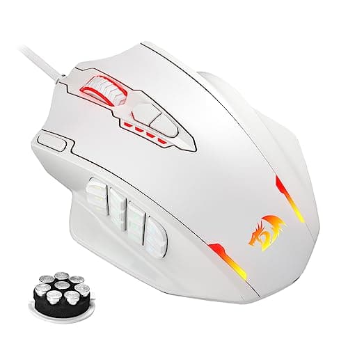 Redragon M908 Impact RGB LED MMO Gaming Mouse With 12 Side Buttons, Optical Wired Ergonomic Mouse with Max 12,400DPI, High Precision, 18 Programmable Macro Shortcuts, Comfort Grip, White