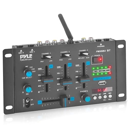 Pyle Bluetooth DJ Mixer – 3 Channel Audio Mixer with USB MP3 Player, 2 Mic Inputs, RCA Line Output, Crossfader & Headphone Monitoring – Compact Mixer for Home DJ, Karaoke & Parties