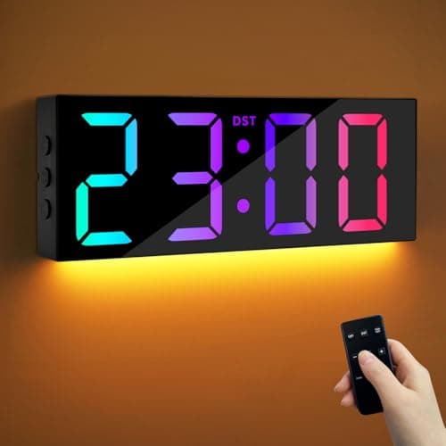 Maxstar 12'' Large Digital Wall Clock with Remote Control, Big LED Screen Display, 8 RGB Color, DST, Modern Night Light Desk Clock Decor for Living Room,Bedroom,Office, Classroom, Study Room- Black