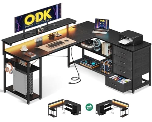 ODK L Shaped Corner Desk with Drawers, Power Outlet & LED Lights, 155×110cm