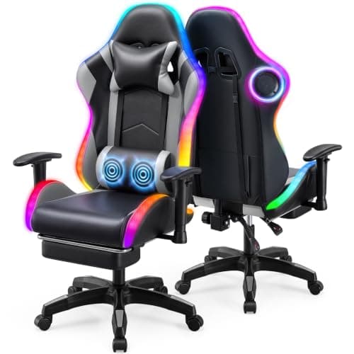 Warmiehomy RGB Gaming Chair with LED Lights and Bluetooth Speakers, Ergonomic Reclining Gaming Chair for Adults with Footrest,Video Game Chair with Adjustable 2D Armrests and Massage, High Back, Grey