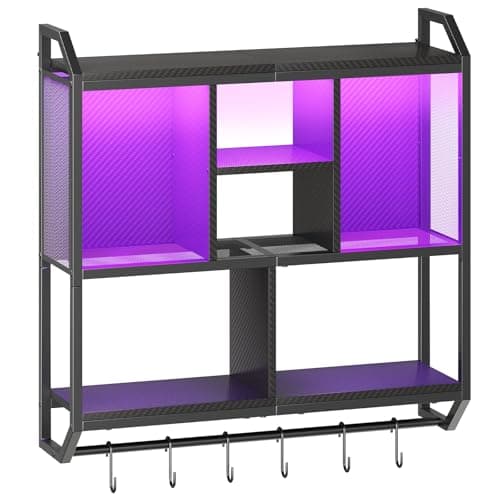HOOBRO Gaming Floating Shelf, 73cm Wall Mounted Hanging Shelf with LED Lights, 4-Tier Display Rack for Wall Storage, Floating Storage Rack with 6 S-Hooks, for Gaming Room, Black EBB70DBJ01