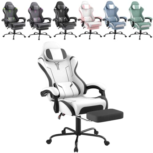 Yunvin Gaming Chair with Adjustable Backrest, Ergonomic Computer Chair with Footrest & Headrest Lumbar Cushion Height-Adjustable Home Office Chair, White