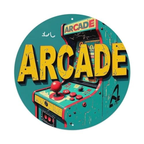Retro Arcade Machine Graphic Print Round Tin Sign, Vintage Metal Sign，Home, Bar, Garden, Indoor & Outdoor Wall Decorative Metal Poster 8 × 8 Inch