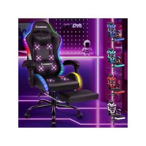 ELFORDSON LED Gaming Chair with 8-Point Massage, Ergonomic Computer Office Chairs with Headrest, Lumbar Cushion, Footrest, RGB Light, High Back 150° Reclining, 360° Swivel, PU Leather, Black