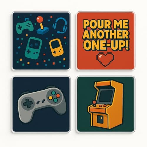 Acrylic Coaster Set of 4 for Gamers - Cheeky Retro Design Gift Pack for Man Cave or Home Bar