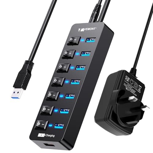 Powered USB Hub 3.0,VEMONT 7 Ports Multi USB Hub +1 USB Smart Charging Port