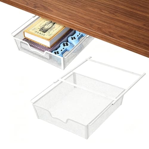 KANEODOT Set of 2 Under Desk Storage, Slide Out Under Desk Drawer, Metal Wire Mesh Storage Basket Organizer for Kitchen, Office, Wardrobes, kitchen Cupboard Storage WHITE