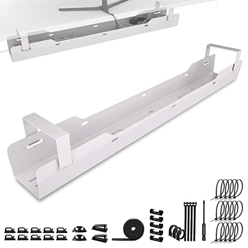 Under desk cable tray – Cable management, 15 kg load capacity, White | Opens from both sides · Lots of space for cables and extension leads · Easy access · Desk cable tidy · Cable organiser