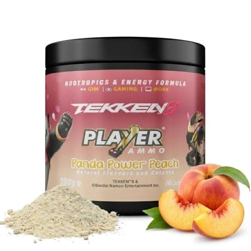 Player Ammo TEKKEN 8 Gaming Energy Drink Powder, Panda Power Peach - Nootropic Focus & Energy Boost, Sugar Free, No Crash - 60 Servings with Caffeine, Ashwagandha & L-Theanine (Panda & Xiaoyu)