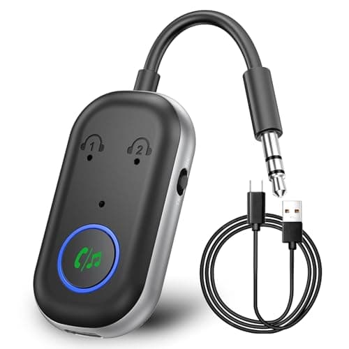 Bluetooth 5.3 Transmitter and Receiver, 2-in-1 Airplane Bluetooth Adapter Compatible with 2 AirPods & Wireless Headphones, Bluetooth Transmitter 3.5 mm Jack Audio for TV/Airplane/Headphone/Car