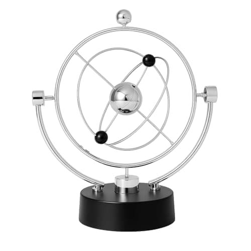 Kinetic Orbital Motion Desk Toy – Chrome Planet Balance Sculpture with Black Base, 25 cm Spinning Metal Orbit Model for Home Office Desk Decoration & Stress Relief Display