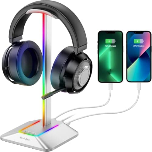 New Bee RGB Headphone Stand, Headset Holder Gaming 7 Light Modes, Silver