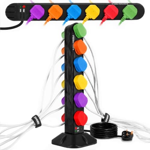 Duronic Tower Extension Lead ST12B 12 Gang Surge Protected Extension leads Black 12 Way Electric Power Strip with Spike Protection Multi UK Plug Outlet Socket with 2m Cable