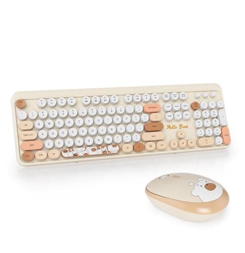 Vumilstek Cute Beige Keyboard and Mouse Wireless, American QWERTY Retro Typewriter 2.4GHz Full Size Round Keycap with Number Pad for Students Home Office PC Laptop(Bear Beige)
