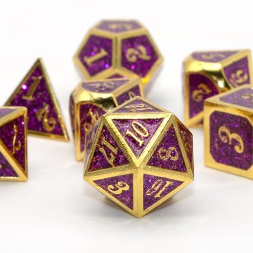 Metal D&D Dice Set, HNCCESG Polyhedral DND Dice for Role Playing Dungeons and Dragons Pathfinder RPG MTG Board Games Tabletop Gaming Shadowrun Warhammer 7PCS D20 D12 D10 D8 D6 D4（Gold Glitter Purple）