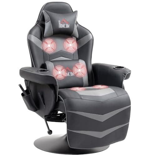 HOMCOM Massage Gaming Chair Swivel with Retractable Footrest Headrest Grey