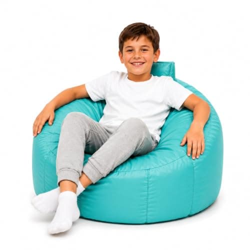 MaxiBean Children's Round Bean Bag Chair, Waterproof Indoor Outdoor Kids Gaming & Reading Seat, Ready Filled, Water Resistant Polyester, Made in UK, 55 x 55 x 60cm, AQUA