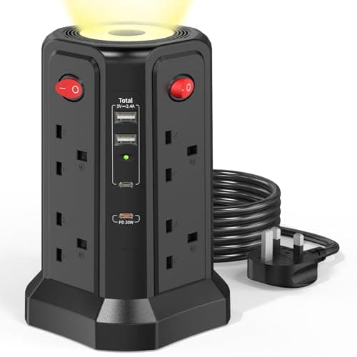 Tower Extension Lead with 20W USB C Slot and Night Light, HAFINO Black 1.8M