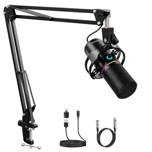 socodox XLR/USB Gaming Microphone with Boom Arm for Streaming | Dynamic Microphone with One-Touch Mute, Gain Control, Headphone Jack, RGB Lighting for Podcast, Recording Vocal