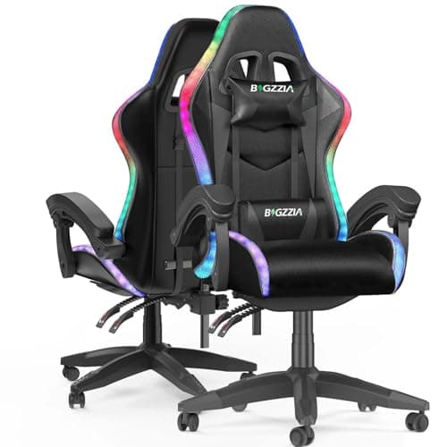 Bigzzia Gaming Chair with RGB Computer Chair with Light Reclining PU Leather Video Game Chair with Headrest Adjustable Lumbar Support (With RGB led, Black)