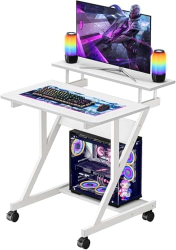 Dripex Computer Desk with Monitor Shelf, Mobile Z-Shaped Desk with Wheels