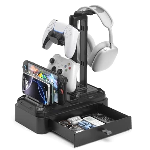 KDD Headphone Stand with Drawer - Rotatable Headset Holder Detachable Controller Holder for Desk - Multifunctional Organizer with Device Slot for Phones, Tablets - Universal Gaming Accessories