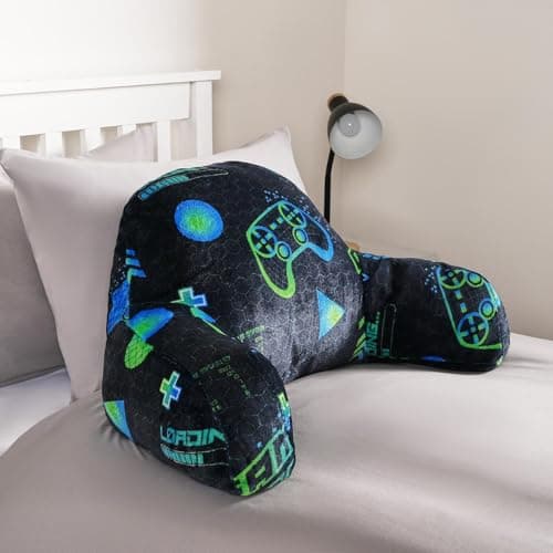 OHS Cuddle Cushion for Kids, Gamer Gifts for Boys Reading Pillow Super Soft Cosy Teddy Fleece Gaming Cushion with Arms Back Cushions Sit Up in Bed Pillow Relaxing Comfy Teen Boy Gifts, Black Neon
