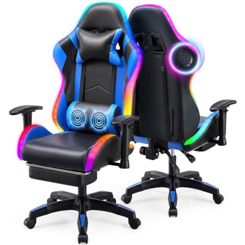 Warmiehomy RGB Gaming Chair with LED Lights and Bluetooth Speakers, Ergonomic Reclining Gaming Chair for Adults with Footrest,Video Game Chair with Adjustable 2D Armrests and Massage, High Back, Blue