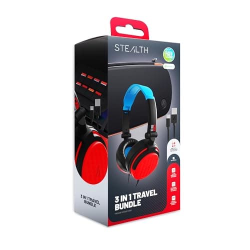 STEALTH 3 in 1 Switch 2 Travel Kit with C6-50 Gaming Headset and 2m Braided Charging Cable - Black with Neon Blue and Neon Red Accents
