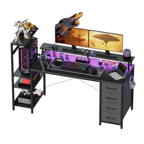 YOUDENOVA Gaming Desk with 4 Drawers, Computer Desk with LED Lights & Power Outlets, 150×48 cm Reversible Office Desk with Monitor Stand, Black PC Desk with Shelves & Headphone Hook