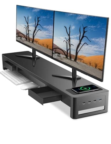 meatanty Dual Monitor Stand Riser with Drawer, Wireless Charging, USB