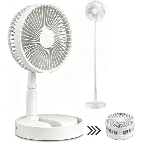 Portable Standing Fan, Foldable Pedestal Fan with 4 Speed, USB Rechargeable Fan Portable, 7200mAh Battery Operated Floor Desk Table Fans Rechargeable for Bedroom Office Camping Travel, 8 Inch (White)