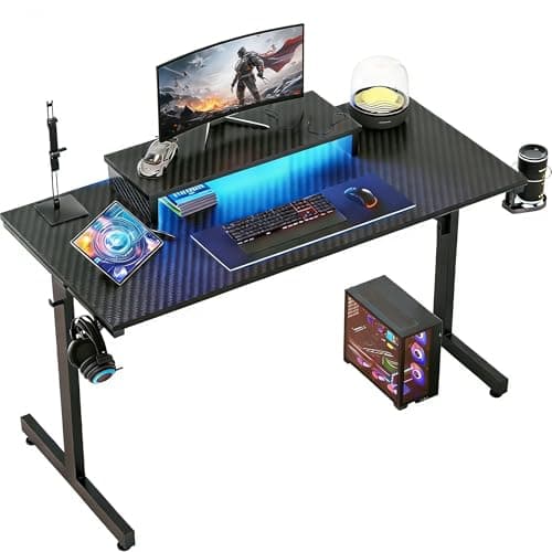 Bestier Small Gaming Desk 106.6 CM LED Computer Desk with Monitor Stand Gamer Workstation with Cup Holder & Headset Hooks for Home Office Bedroom Small Space