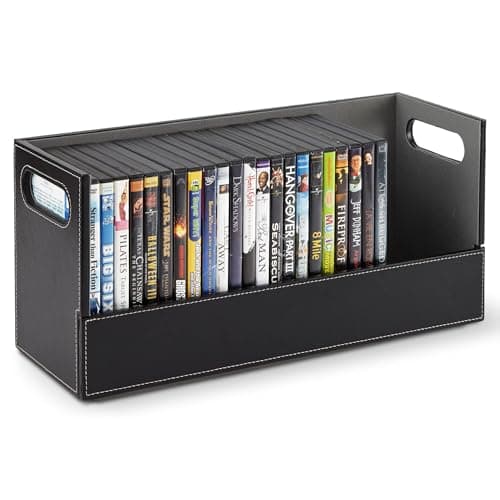 Stock Your Home DVD Storage Box, Movie Shelf Organizer for Blu-Ray, Video Game Cases, CDs, VHS Tape Display Stand, Disc Holder Can Store Up to 28 DVDs, Faux Leather (Black)