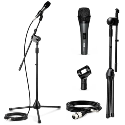 Pyle Dynamic Microphone with Adjustable Tripod Floor Stand, Professional Mic for Singing, Recording, Podcast & Stage Use, Black