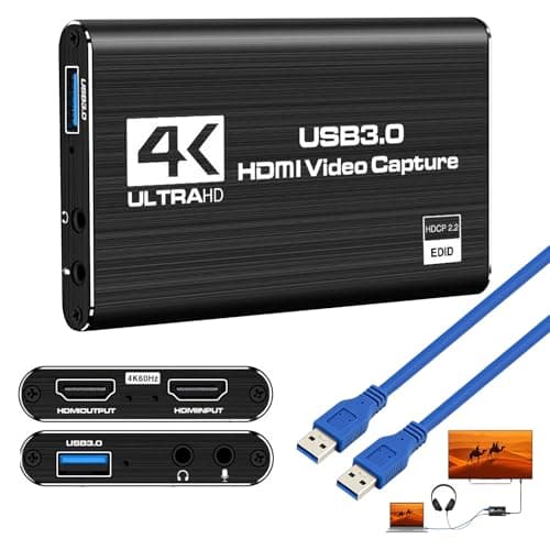 4K HDMI Video Capture Card,USB 3.0 Video Capture Device Full,HD 1080P 60FPS Game Recording for Streaming Recording PS5, PS4,Xbox,Camera PC,Nintendo Switch,OBS (Black)