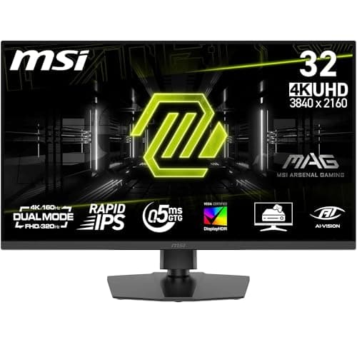MSI MAG 322URDF E16 32-Inch 4K UHD Gaming Monitor, 3840x2160 Rapid IPS, 0.5ms, DisplayHDR 400, AMD FreeSync Premium, Eye Care, AI Vision, Dual-Mode, Intel A Series, HDMI 2.1, DP 1.4a, Black